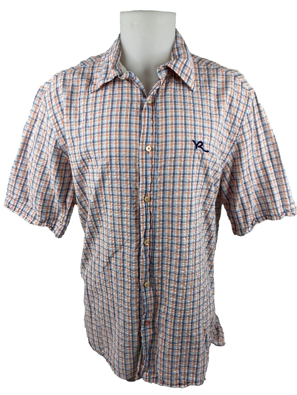 Rocawear Men XL Button Front Shirt Orange Blue White Plaid Pattern Textured